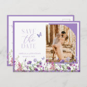 Lila Wildblumen Save the Date Hochzeit Postkarte (Vorne/Hinten)