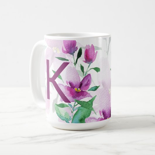 Lila Wildblumen Wasserfarben-Monogramm Kaffeetasse (Vorderseite Links)