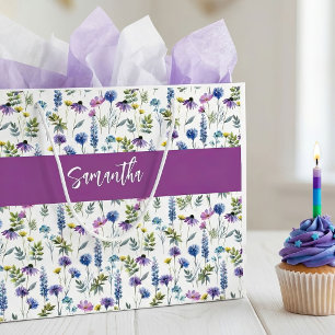 Lila Wildblumen-Wasserfarben-Monogramm-Name Große Geschenktüte