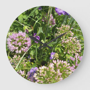 Lila Wildblumengarten-Uhr Florale Botanik Große Wanduhr