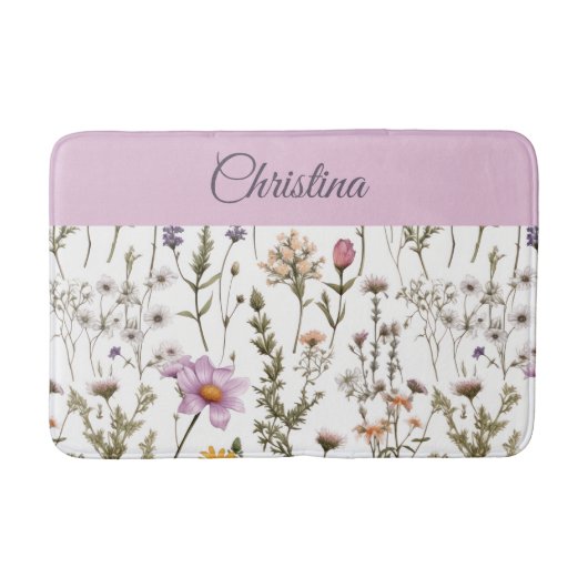 Lila wilder Monogramm-Blumenmuster Badematte (Vorderseite)