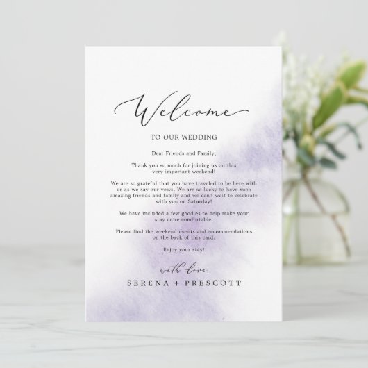 Lila Willkommensbrief und Informationsdienst zu de (Stehend Vorderseite)