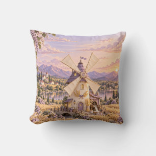 Lila Windmühle Goldenes Weizenberg Sonnenuntergang Kissen