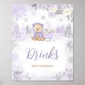 Lila Winter Bear Baby Dusche Getränke Poster (Vorne)