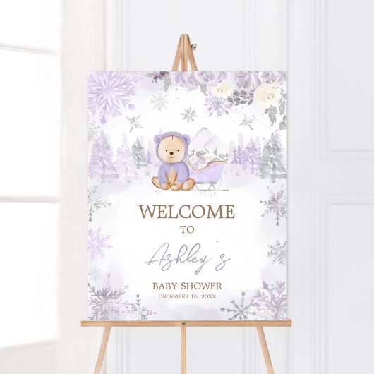 Lila Winter Bear Baby Dusche Willkommen Poster