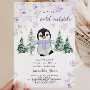 Lila Winter-Pinguin-Baby-Party Einladung