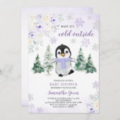Lila Winter Pinguin Kinderdusche Einladung (Vorne/Hinten)