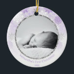 Lila Winter Snowflake Baby's First Christmas Keramik Ornament<br><div class="desc">Erinnern Sie sich an die Weihnachtsfeier Ihres Neugeborenen mit diesem lila und silbernen Glitzer personalisierten Ornament. Dieser Schmuck ist vollständig anpassbar! Sie können den Text bearbeiten und Ihr eigenes Foto hinzufügen, indem Sie auf "Personalisieren Sie diese Vorlage" klicken. Dieses Winterschneeflockendekor bietet Ihnen die Möglichkeit, Ihr Baby Foto, den Babynamen und...</div>