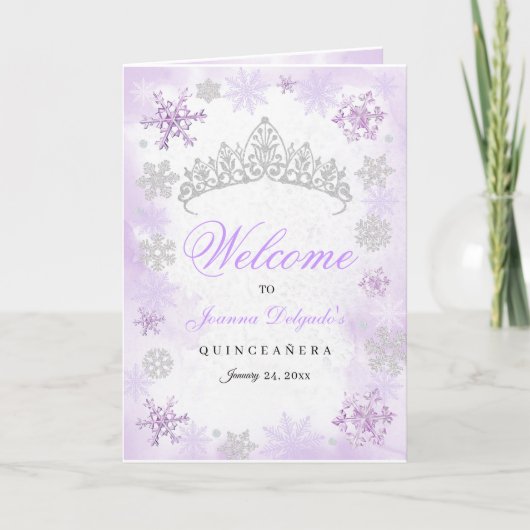 Lila Winter Wonderland Quinceanera-Programm Einladung (Vorderseite)