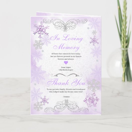 Lila Winter Wonderland Quinceanera-Programm Einladung (Rückseite)