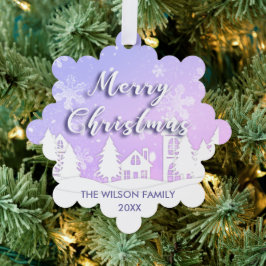 Lila Winterwonderland Weiße Schneehaus Urlaub Ornament Karte