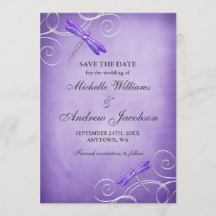 Lila Wirbel der Libellen beim Hochzeitsfeiern Save The Date
