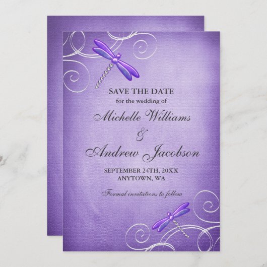 Lila Wirbel der Libellen beim Hochzeitsfeiern Save The Date (Vorne/Hinten)