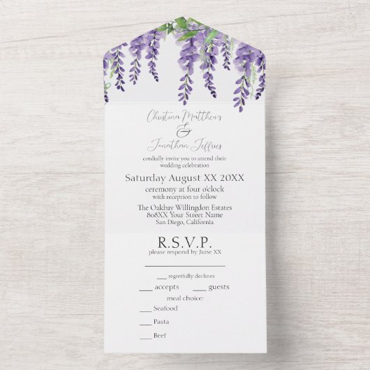 Lila Wisteria Blume auf Weiß Elegant All In One Einladung (Innen Boden)