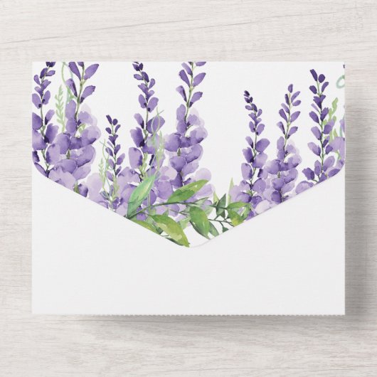 Lila Wisteria Blume auf Weiß Elegant All In One Einladung (Rückseite)