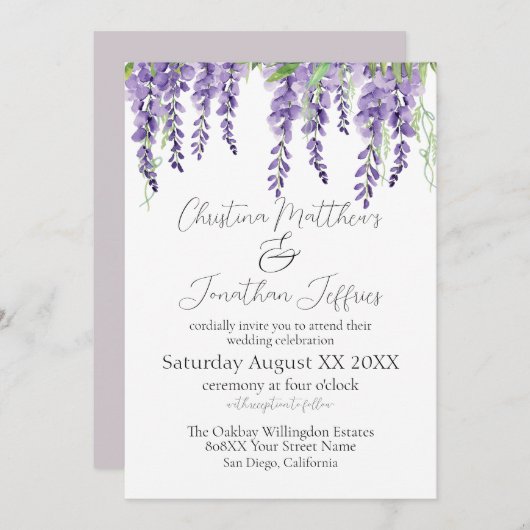 Lila Wisteria Blume auf Weiß Elegant Einladung (Vorne/Hinten)