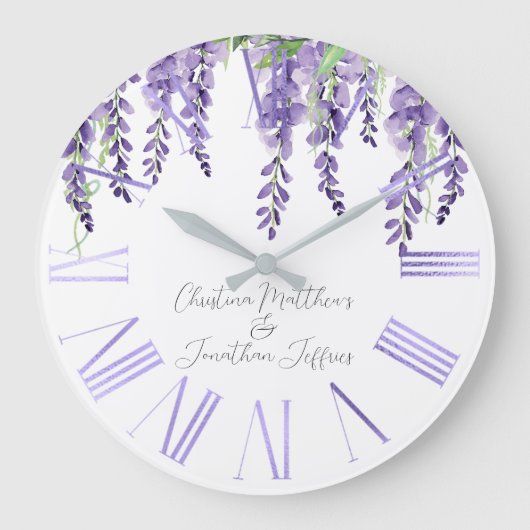 Lila Wisteria Blume auf Weiß Elegant Große Wanduhr (Vorderseite)