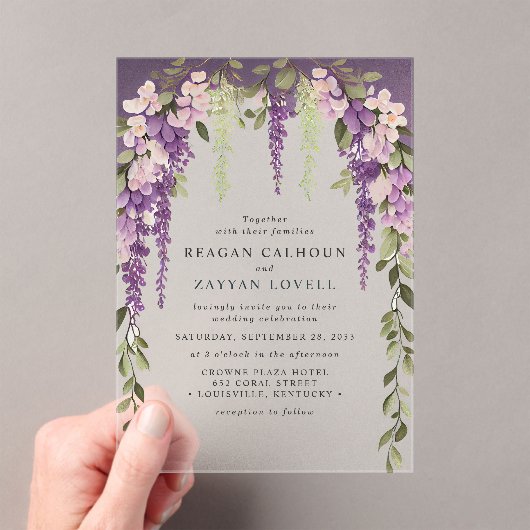 Lila Wisteria Blume Grüne Moderne Hochzeit Acryleinladungen (Insitu (Handheld))