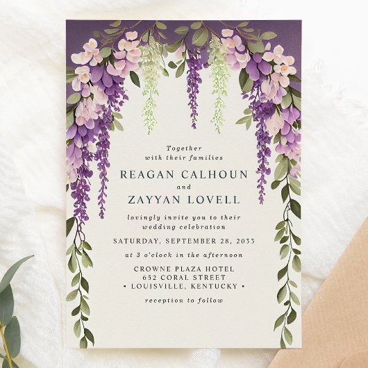 Lila Wisteria Blume Grüne Moderne Hochzeit Einladung