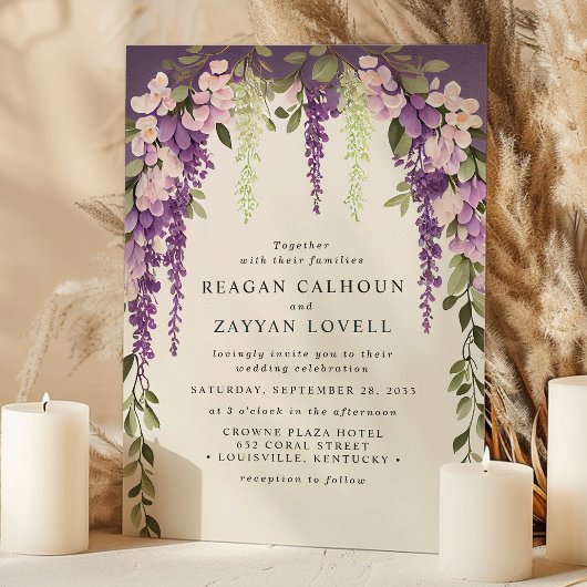 Lila Wisteria Blume Grüne Moderne Hochzeit Einladung