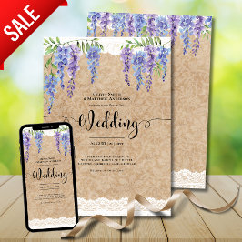 Lila Wisteria Blume Hochzeit rustikale Spitzenauss Einladung