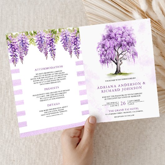 Lila Wisteria-Blumenbaum QR-Code Hochzeit Einladung