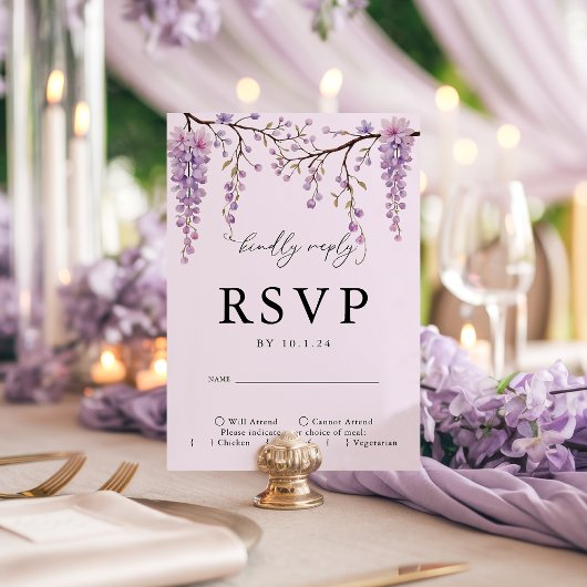 Lila Wisteria Branches Wedding RSVP Card Karte