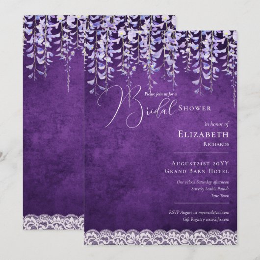 Lila Wisteria Brautparty Print oder Digital Inv. Einladung (Vorne/Hinten)