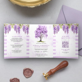 Lila Wisteria Floral Tree Foto QR Code Hochzeit Dreifach Gefaltete Einladung