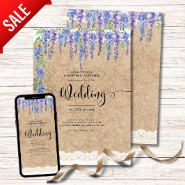 Lila Wisteria Floral Wedding Rustic Lace Look Einladung