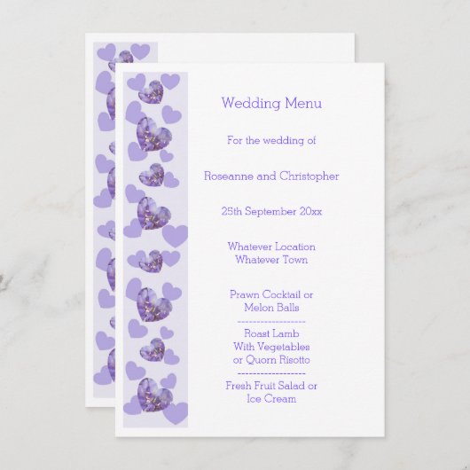 Lila Wisteria Heart Design Wedding Menu Menükarte (Vorne/Hinten)
