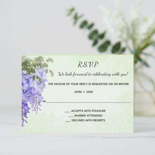 Lila Wisteria Locarno RSVP Karte (Stehend Vorderseite)