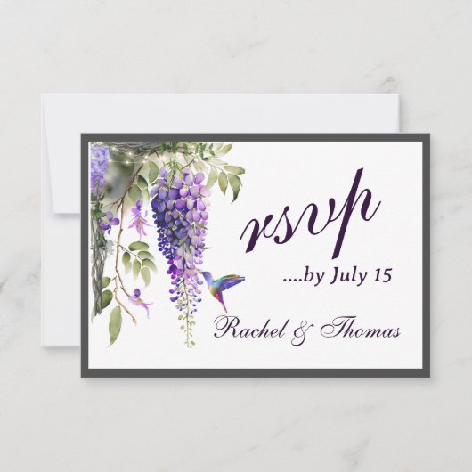 Lila Wisteria Themed Wedding RSVP Karte (Vorderseite)