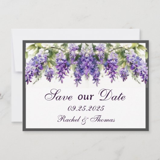 Lila Wisteria Themed Wedding Save the Date Card Einladung (Vorderseite)