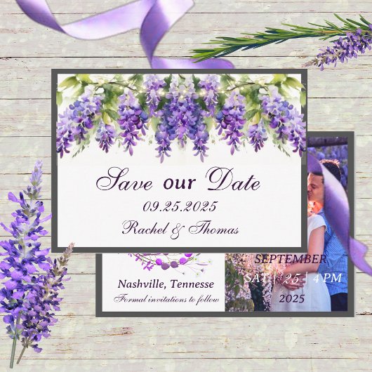 Lila Wisteria Themed Wedding Save the Date Card Einladung