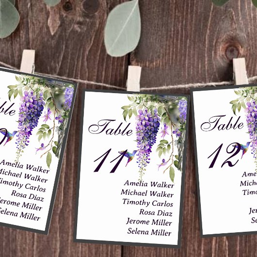 Lila Wisteria Themed Wedding Table Cards Tischnummer