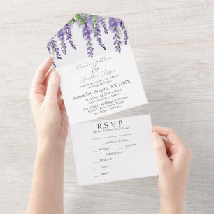 Lila Wisterienblüten auf Weiß Elegant All In One Einladung