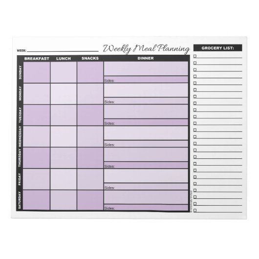 Lila Wochenmehlplaner mit Lebensmittelliste Notizblock (Vorderseite)