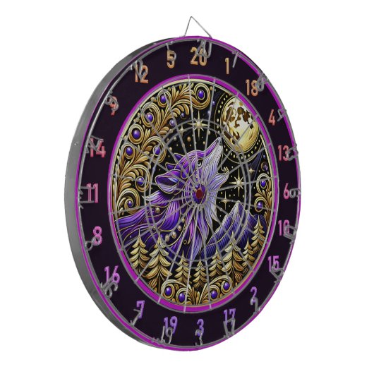 Lila Wolf gegen Sternenhimmel Dartscheibe (Vorderseite Links)