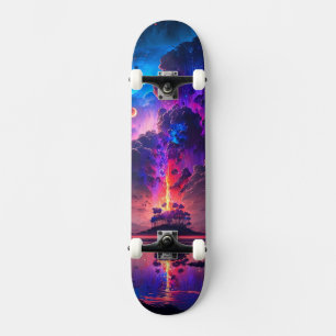 Lila Wolken und Bauminsel am See Skateboard