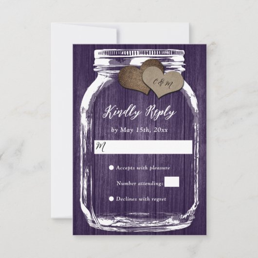 Lila Wood Mason Jar Hearts Initials Wedding RSVP Karte (Vorderseite)