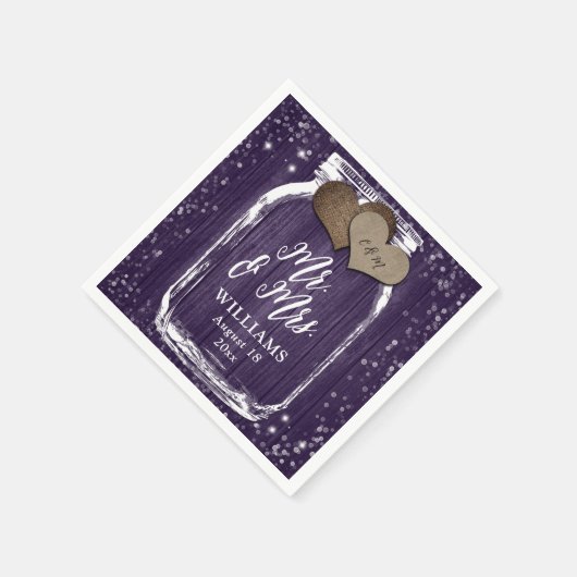Lila Wood Mason Jar Rustic Mr. & Mrs. Wedding Serviette (Ecke)