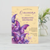 Lila Yellow Butterfly Quinceñera Einladung (Stehend Vorderseite)