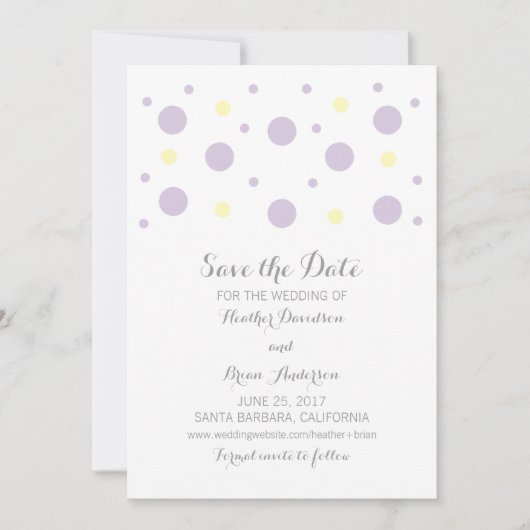 Lila Yellow Confetti Save the Date einladen (Vorderseite)