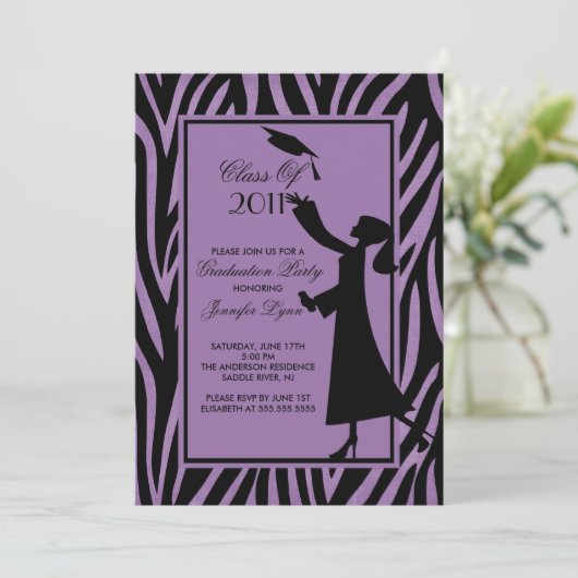 Lila Zebra Abschluss Einladung Silhouette Grad (Stehend Vorderseite)