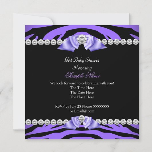 Lila Zebra Baby Shower Girl Princess Diamond Einladung (Rückseite)