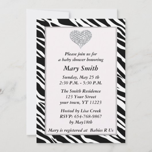 Lila Zebra Diamond Heart Shower Einladung (Rückseite)