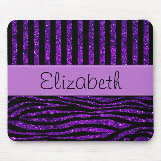 Lila Zebra, Glitzer, Lila Streifen, Ihr Name Mousepad (Vorne)