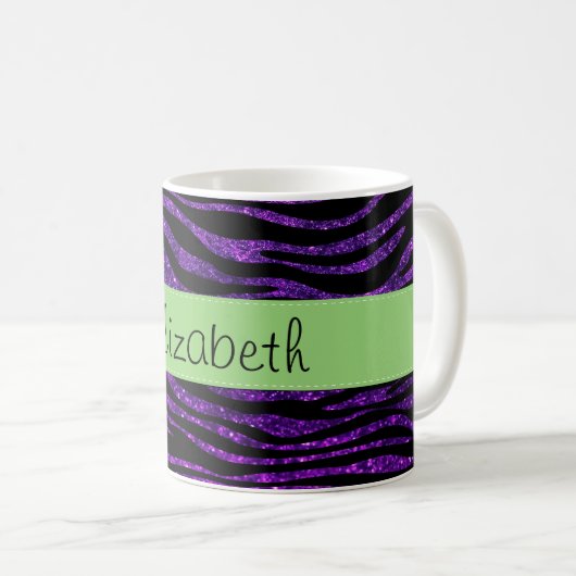 Lila Zebra, Glitzer Zebra, Streifen, Ihr Name Kaffeetasse (VorderseiteRechts)