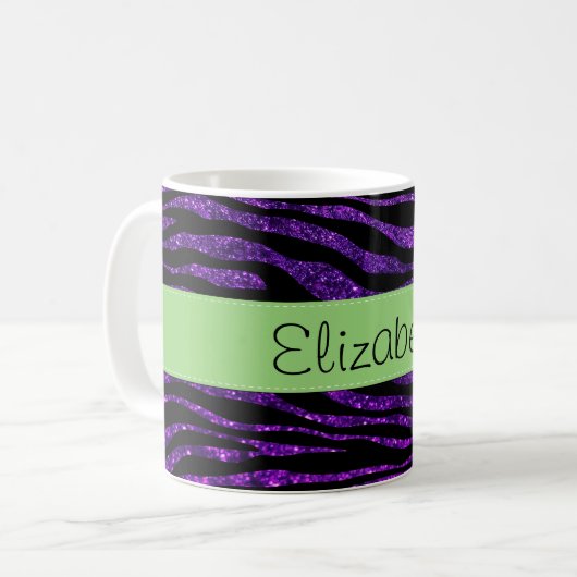 Lila Zebra, Glitzer Zebra, Streifen, Ihr Name Kaffeetasse (Vorderseite Links)